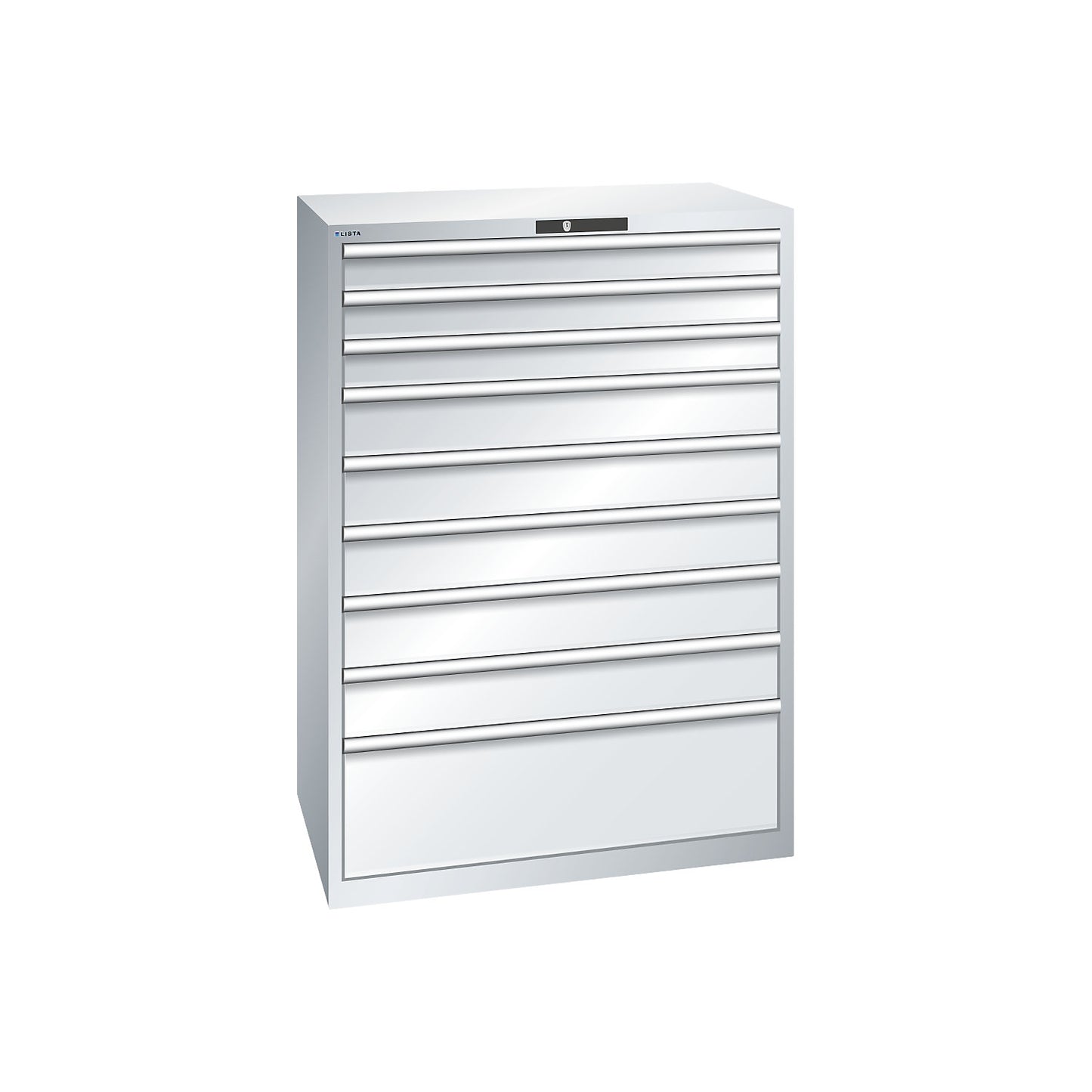 ESD drawer cupboard, WxDxH 1023 x 725 x 1450 mm, 9 drawers, max. load 75 kg / 1 x 300 mm with 200 kg, light grey.