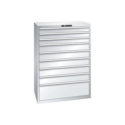 ESD drawer cupboard, WxDxH 1023 x 725 x 1450 mm, 9 drawers, max. load 75 kg / 1 x 300 mm with 200 kg, light grey.