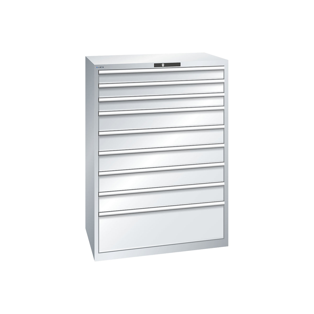 ESD drawer cupboard, WxDxH 1023 x 725 x 1450 mm, 9 drawers, max. load 200 kg, light grey.