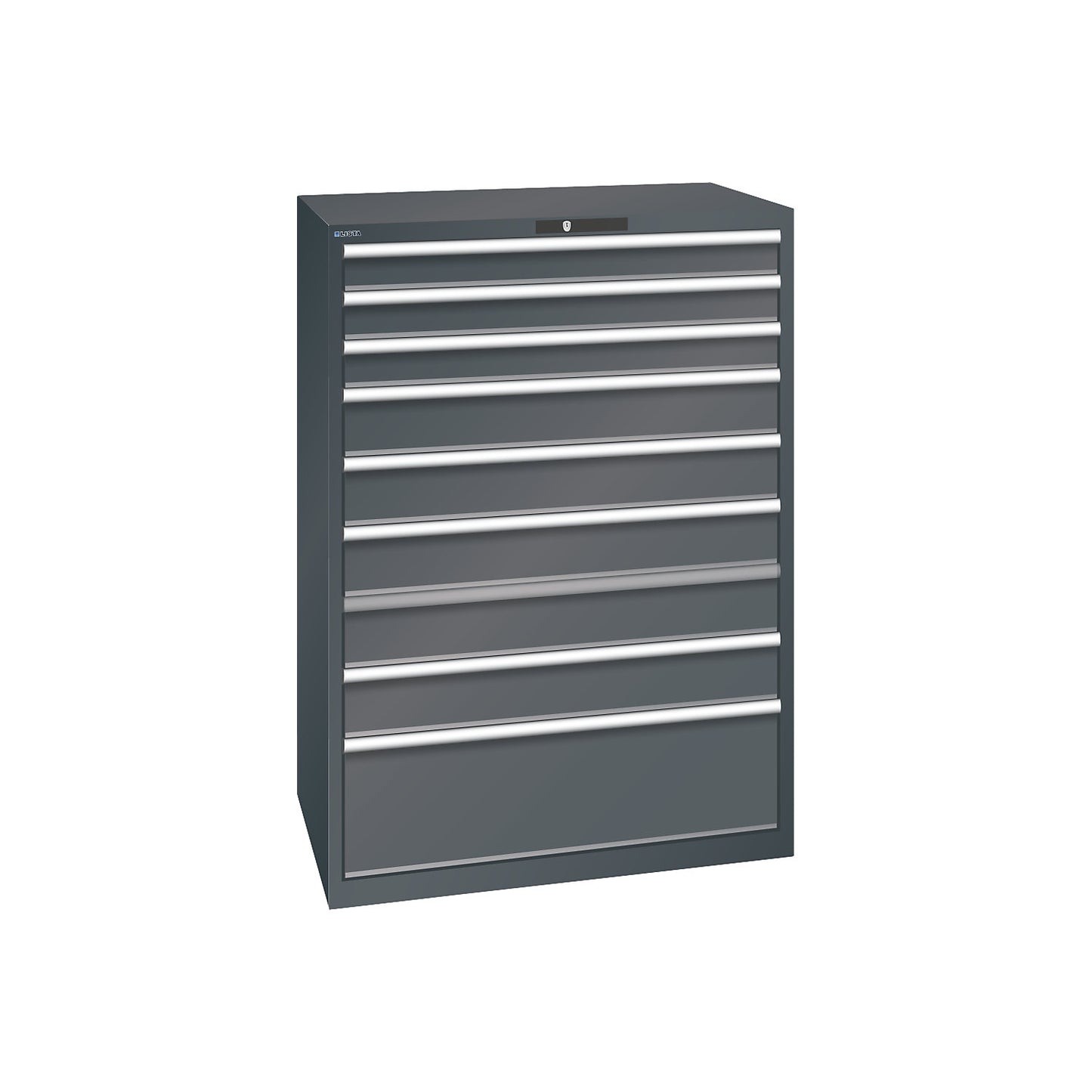 ESD drawer cupboard, WxDxH 1023 x 725 x 1450 mm, 9 drawers, max. load 75 kg / 1 x 300 mm with 200 kg, charcoal.