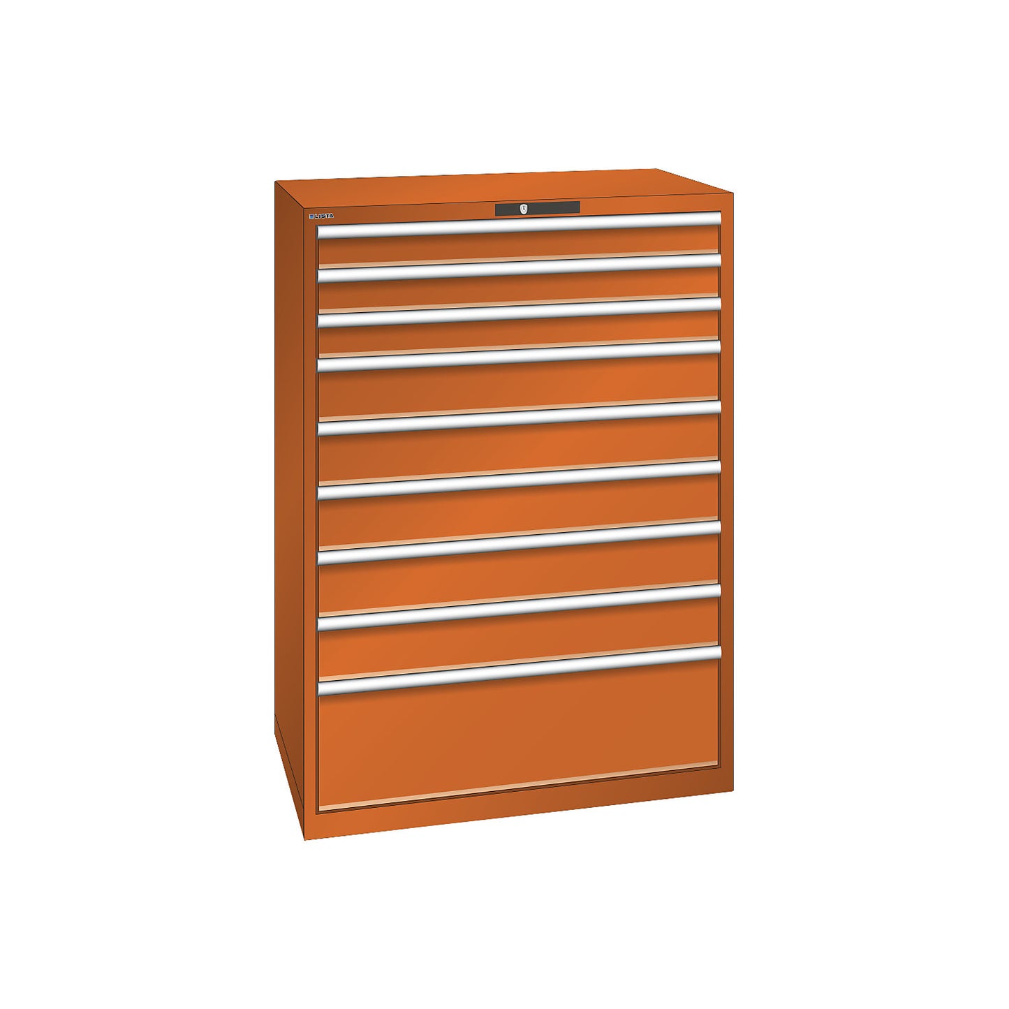 ESD drawer cupboard, WxDxH 1023 x 725 x 1450 mm, 9 drawers, max. load 200 kg, orange.