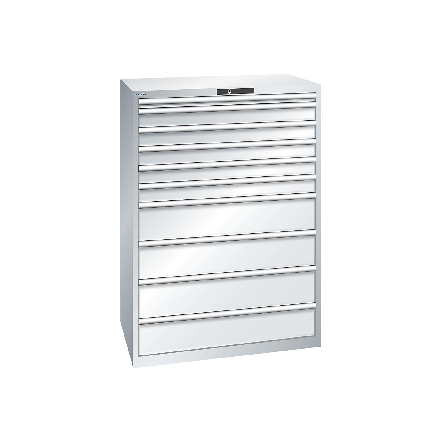 ESD drawer cupboard, WxDxH 1023 x 725 x 1450 mm, 10 drawers, max. load 75 kg, light grey.