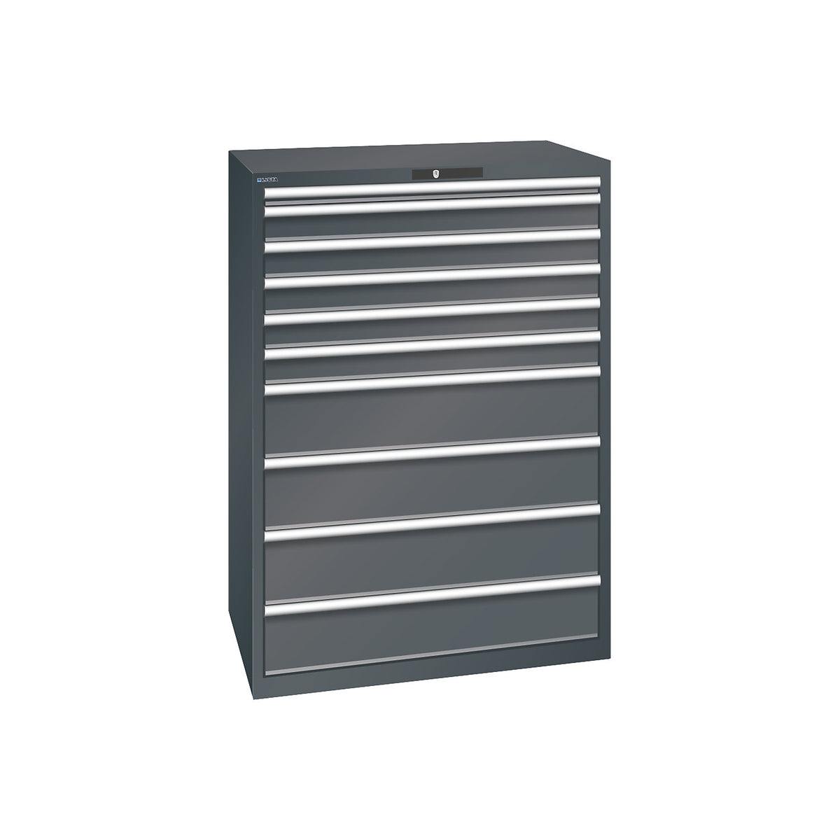 ESD drawer cupboard, WxDxH 1023 x 725 x 1450 mm, 10 drawers, max. load 200 kg / 1 x 50 mm with 75 kg, charcoal.