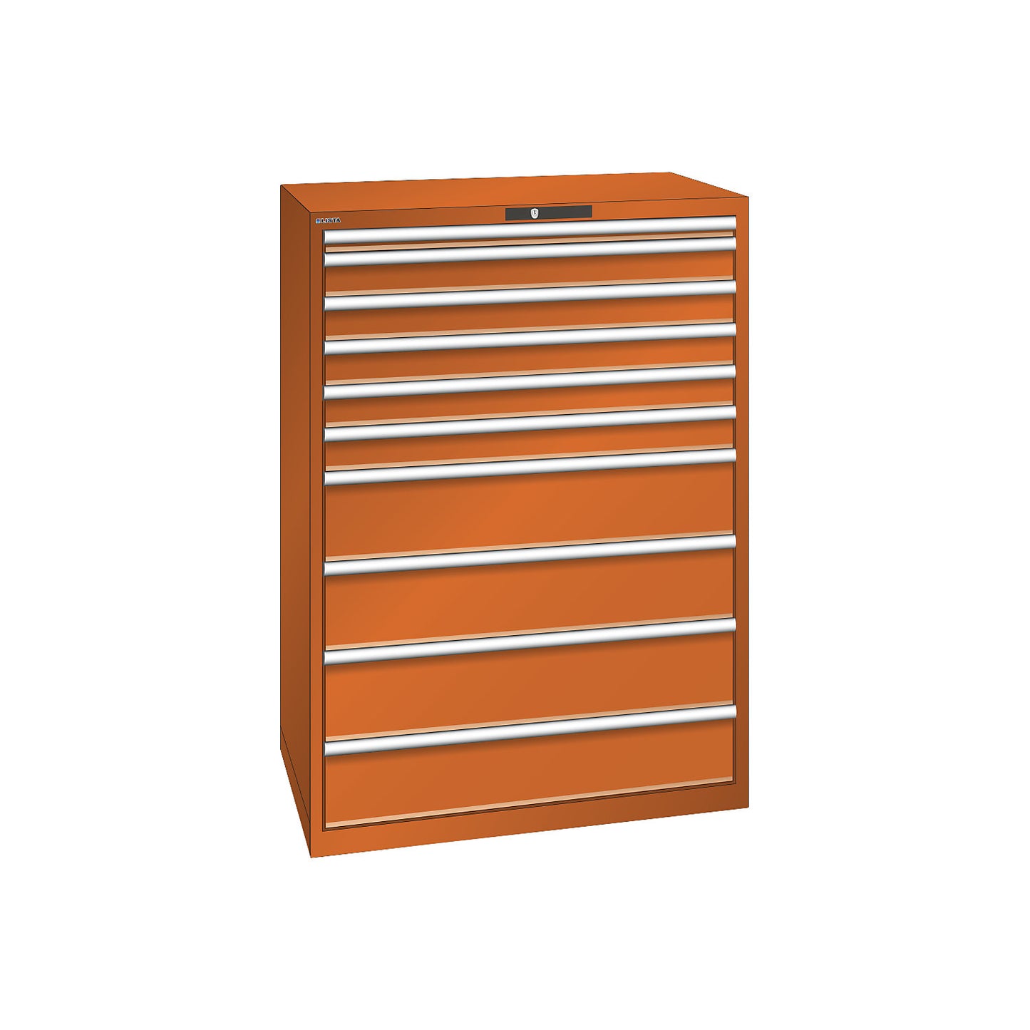 ESD drawer cupboard, WxDxH 1023 x 725 x 1450 mm, 10 drawers, max. load 200 kg / 1 x 50 mm with 75 kg, orange.