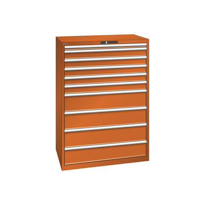 ESD drawer cupboard, WxDxH 1023 x 725 x 1450 mm, 10 drawers, max. load 200 kg / 1 x 50 mm with 75 kg, orange.