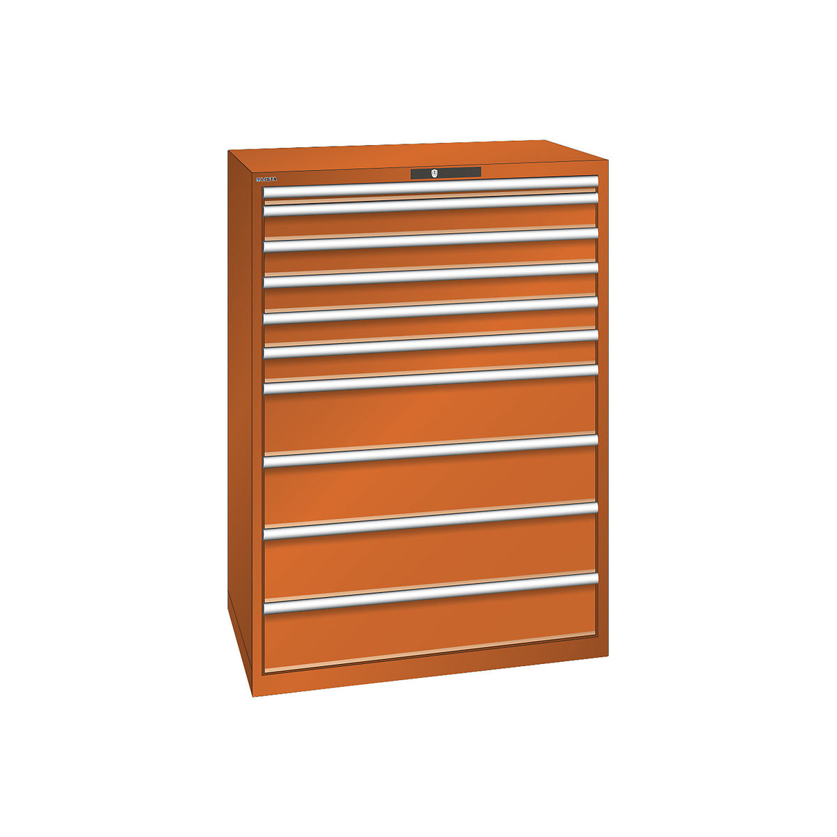 ESD drawer cupboard, WxDxH 1023 x 725 x 1450 mm, 10 drawers, max. load 75 kg, orange.