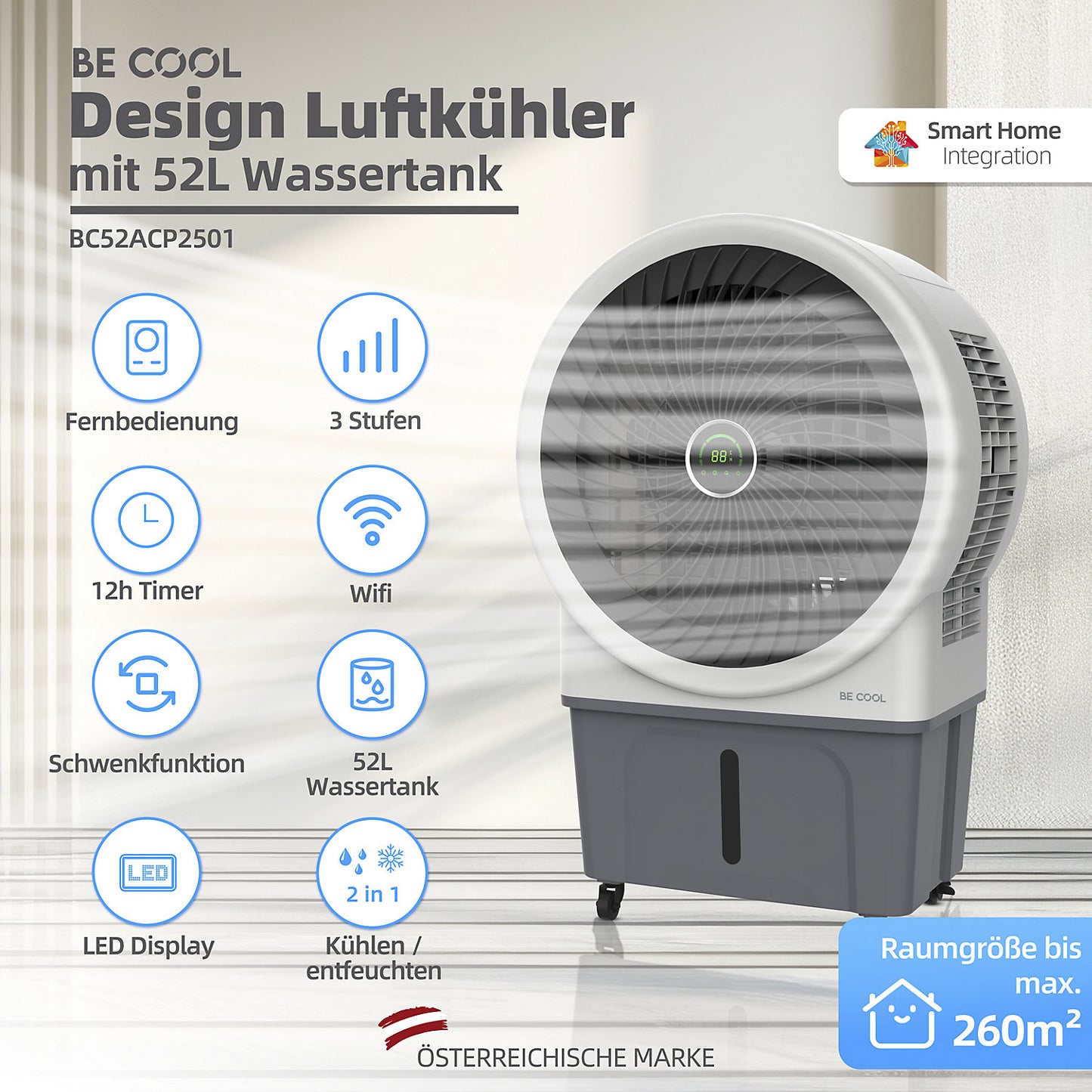 Premium air cooler, 52 l, white/grey.