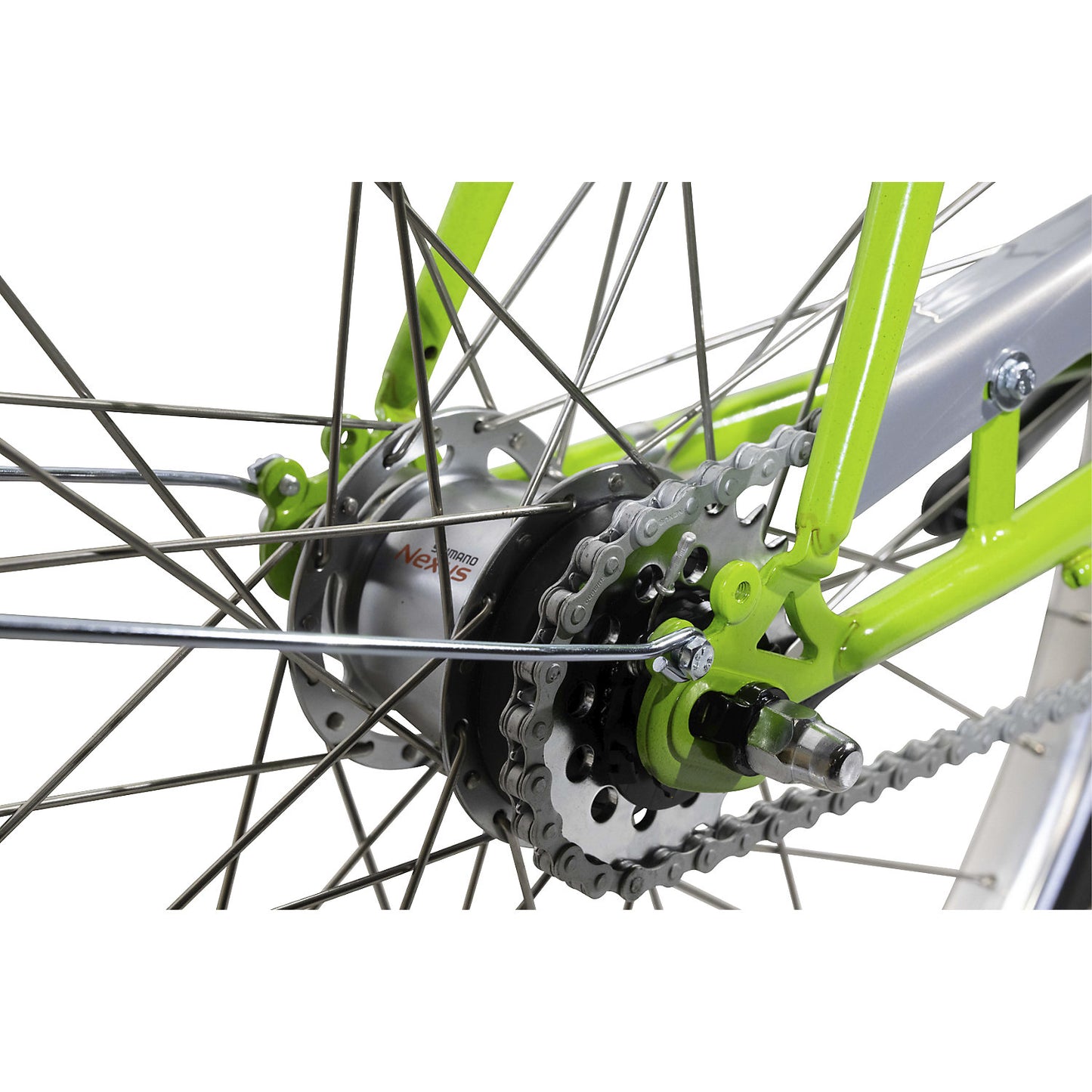 Shimano Nexus hub gear, shifting via twist grip shifter, 7 speeds, extra cost.