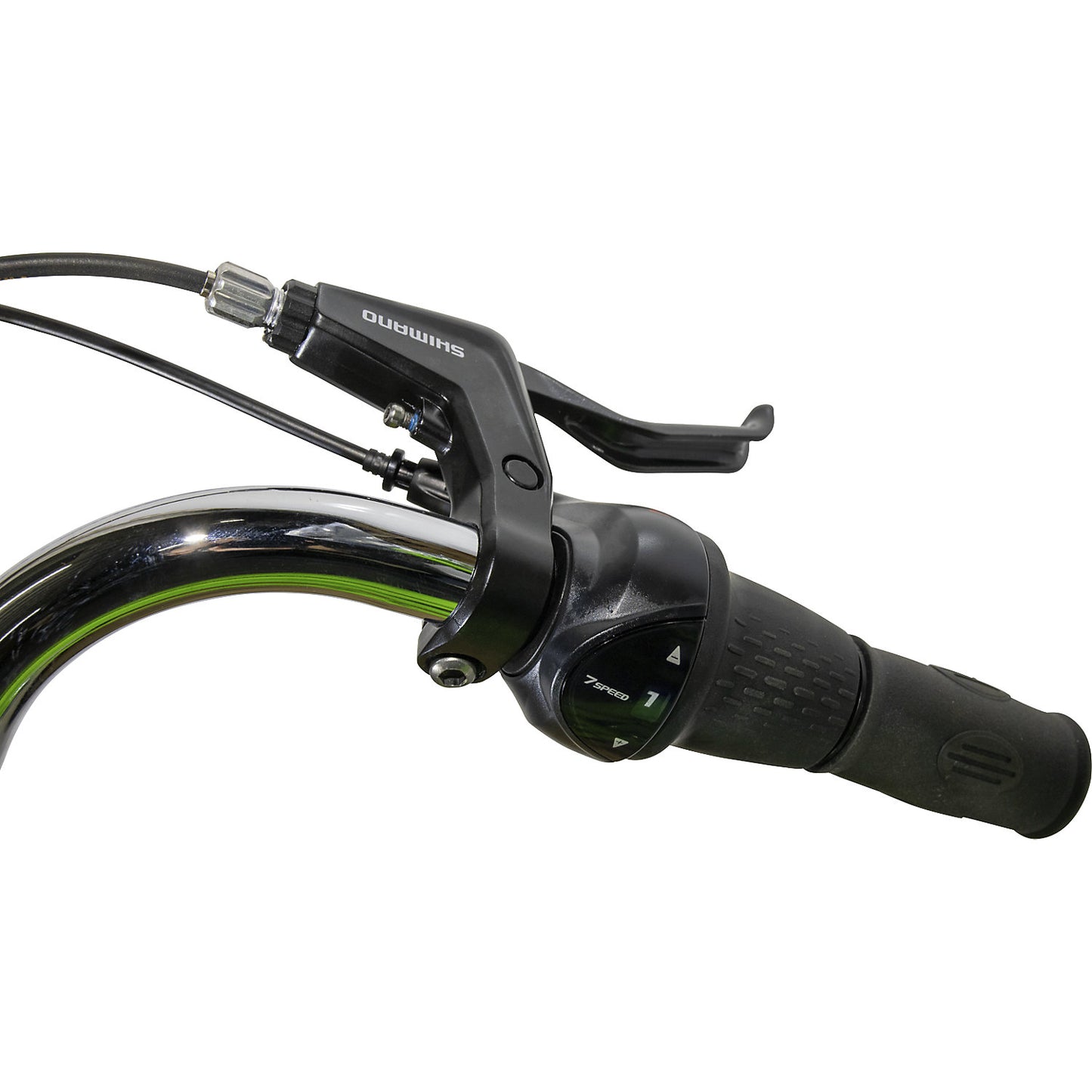 Shimano Nexus hub gear, shifting via twist grip shifter, 7 speeds, extra cost.
