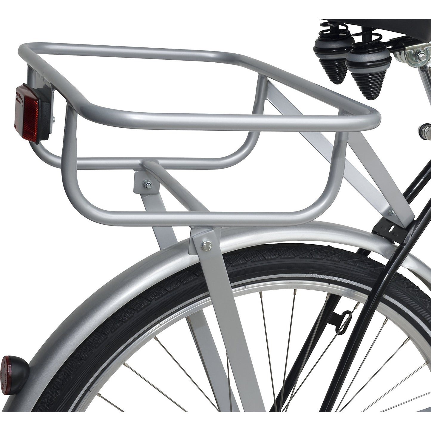 Rear basket rack, suitable for standardised mail boxes, max. load 30 kg, silver, extra cost.