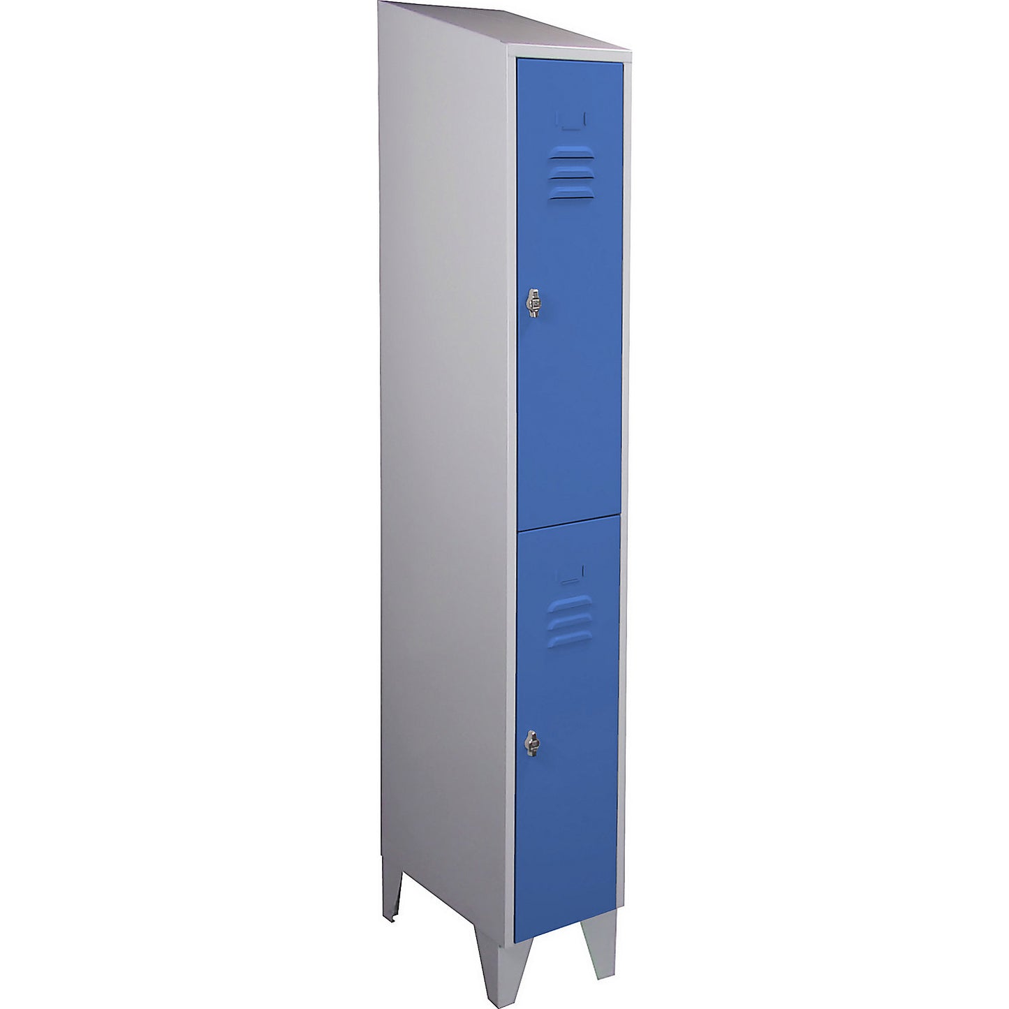 Berlin 2 double deck clothes locker, 1 compartment, light grey/light blue, width 300 mm, sloping roof shape.