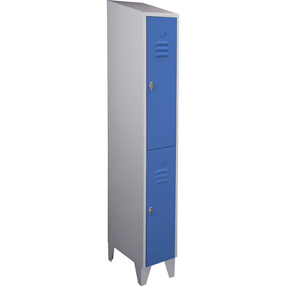 Berlin 2 double deck clothes locker, 1 compartment, light grey/light blue, width 300 mm, sloping roof shape.