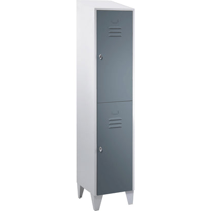 Berlin 2 double deck clothes locker, 1 compartment, light grey/blue grey, width 400 mm, sloping roof shape.