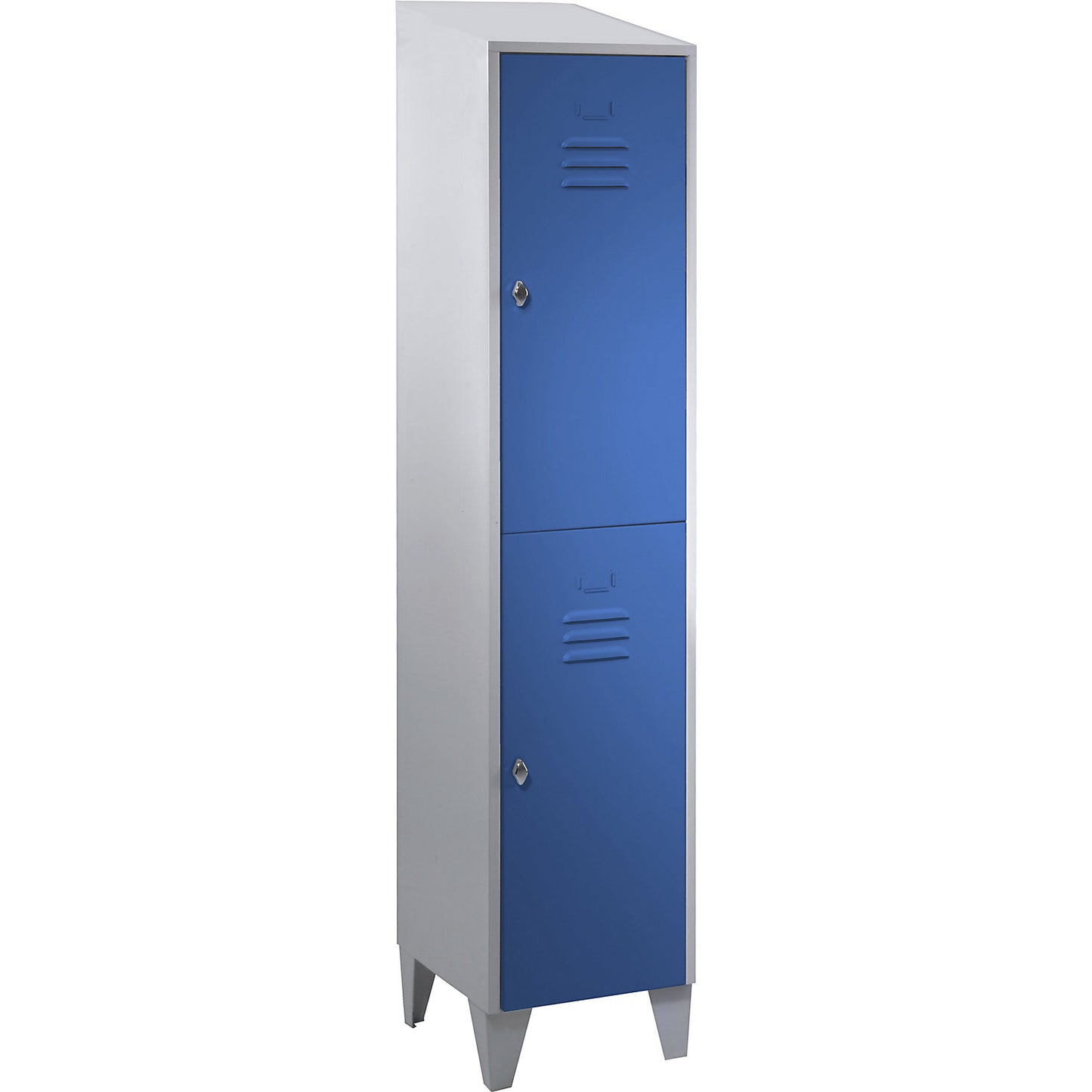 Berlin 2 double deck clothes locker, 1 compartment, light grey/light blue, width 400 mm, sloping roof shape.