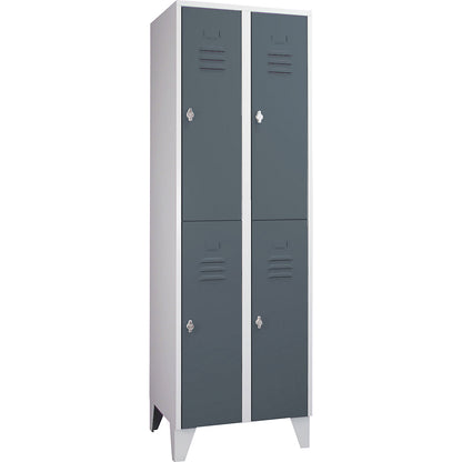 Berlin 2 double deck clothes locker, 2 compartments, light grey/blue grey, width 600 mm, flat roof shape.