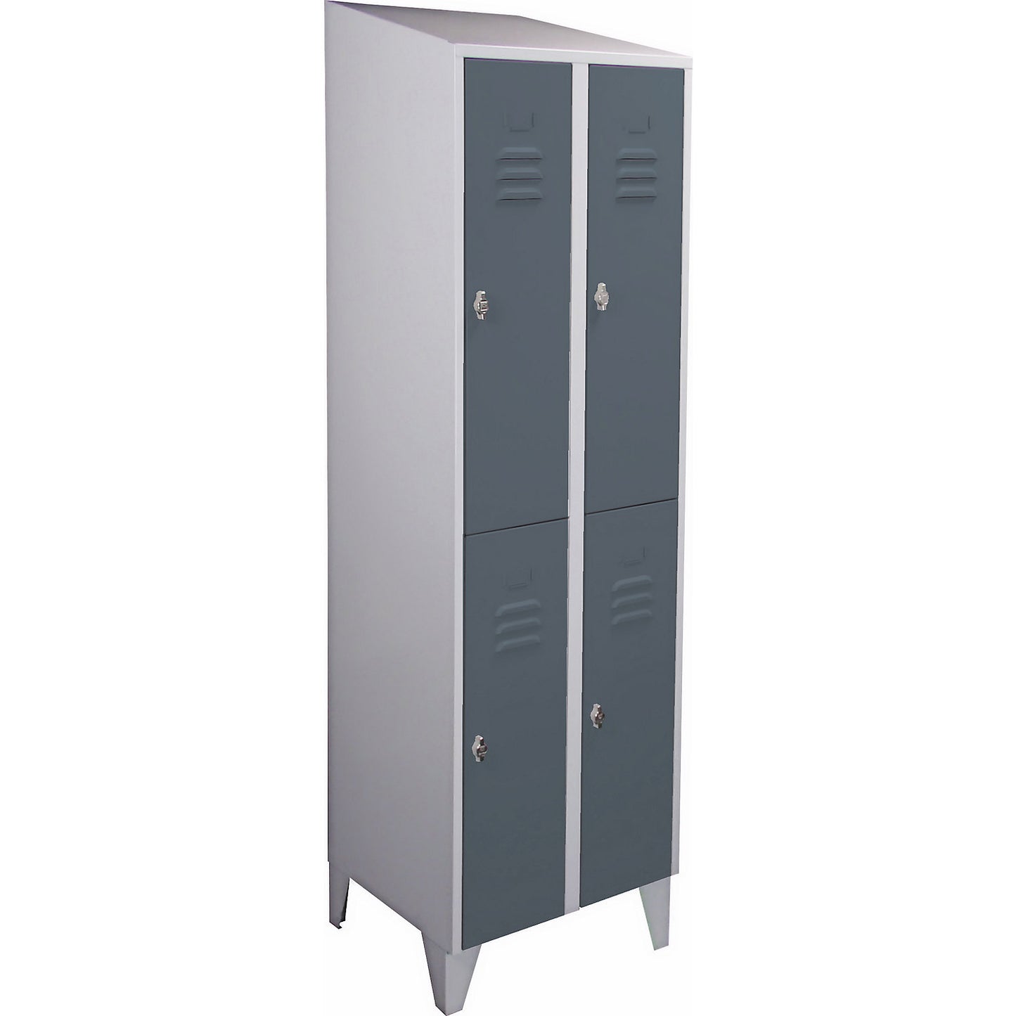 Berlin 2 double deck clothes locker, 2 compartments, light grey/blue grey, width 600 mm, sloping roof shape.