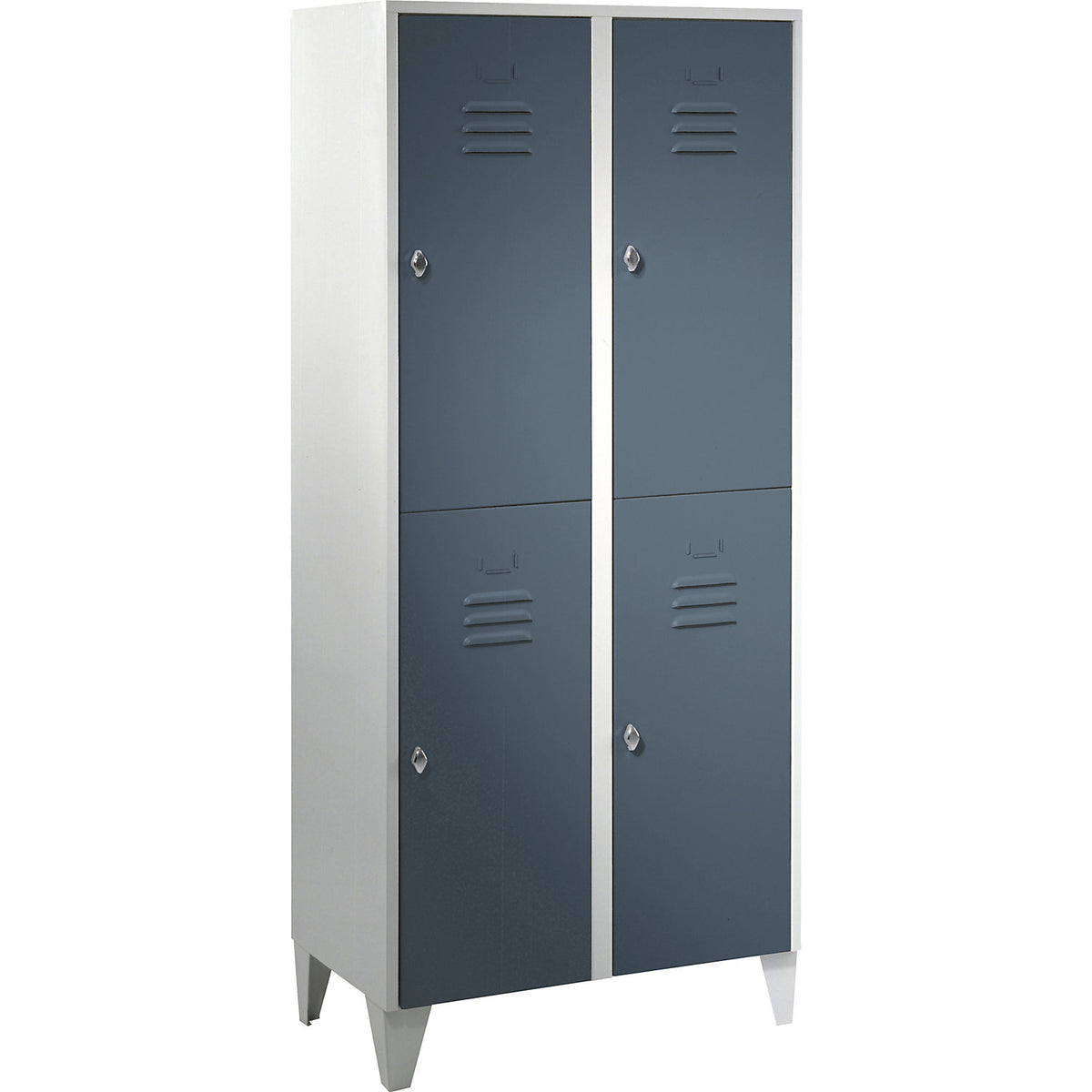 Berlin 2 double deck clothes locker, 2 compartments, light grey/blue grey, width 800 mm, flat roof shape.