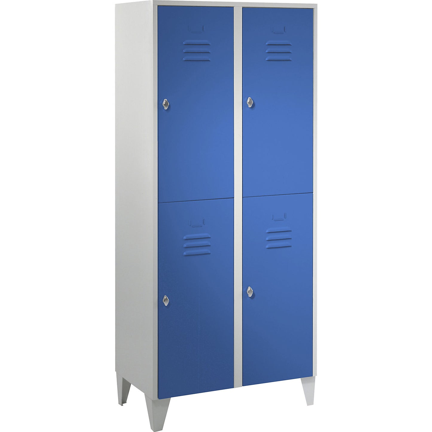 Berlin 2 double deck clothes locker, 2 compartments, light grey/light blue, width 800 mm, flat roof shape.