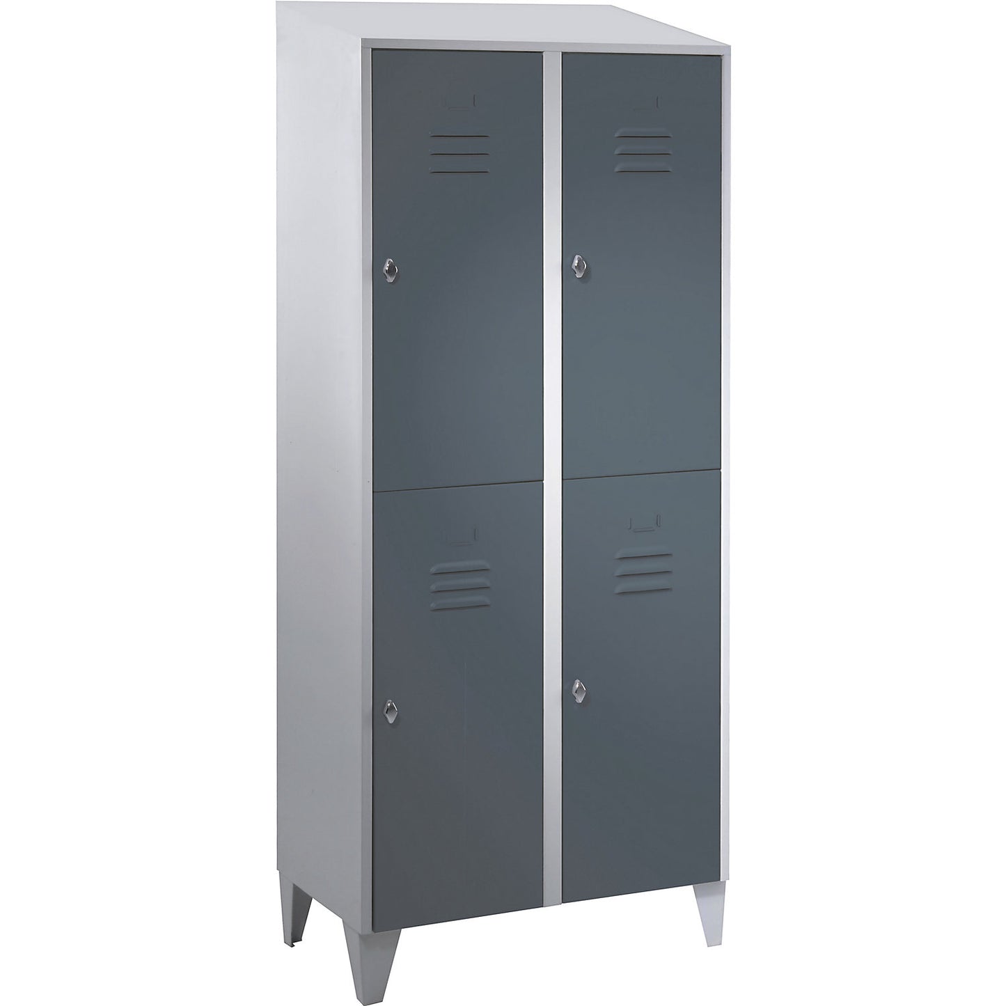 Berlin 2 double deck clothes locker, 2 compartments, light grey/blue grey, width 800 mm, sloping roof shape.