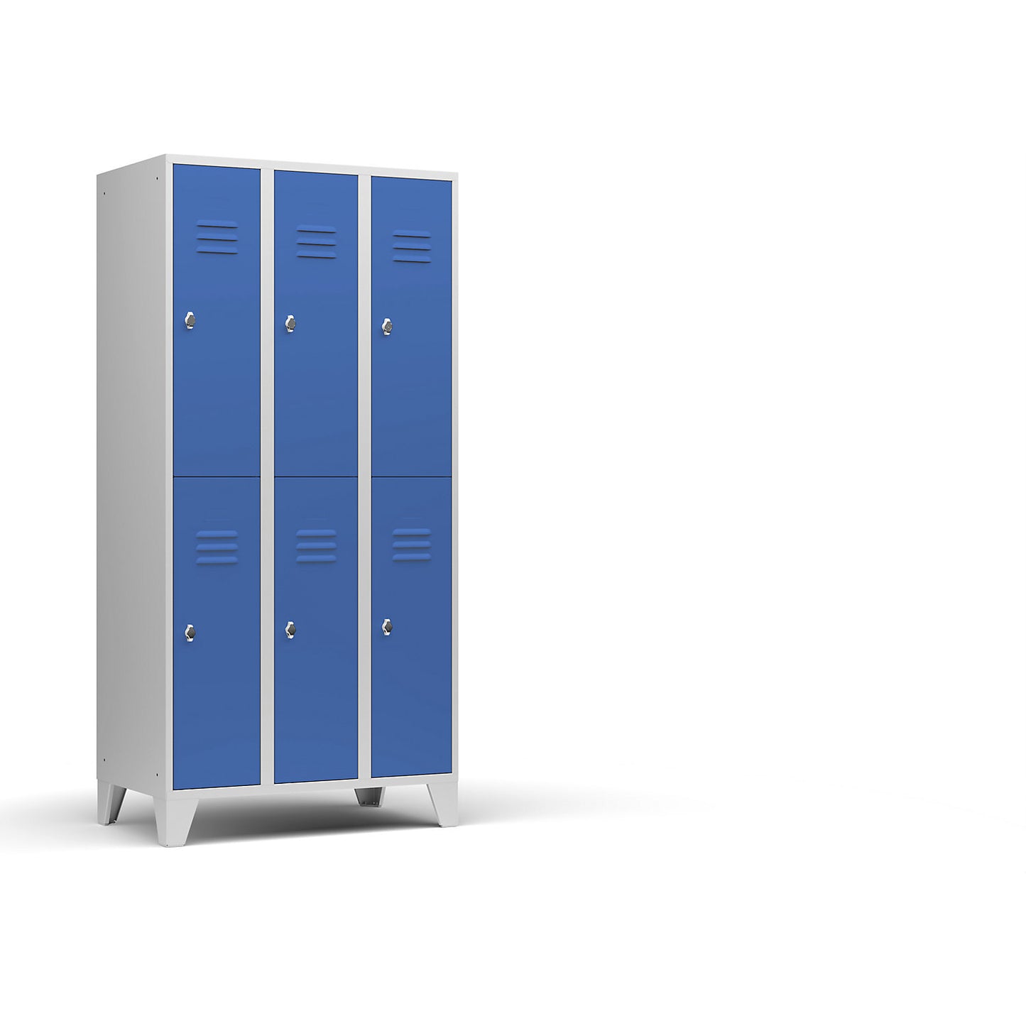 Berlin 2 double deck clothes locker, 3 compartments, light grey/light blue, width 900 mm, flat roof shape.