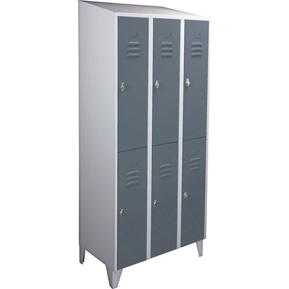 Berlin 2 double deck clothes locker, 3 compartments, light grey/blue grey, width 900 mm, sloping roof shape.