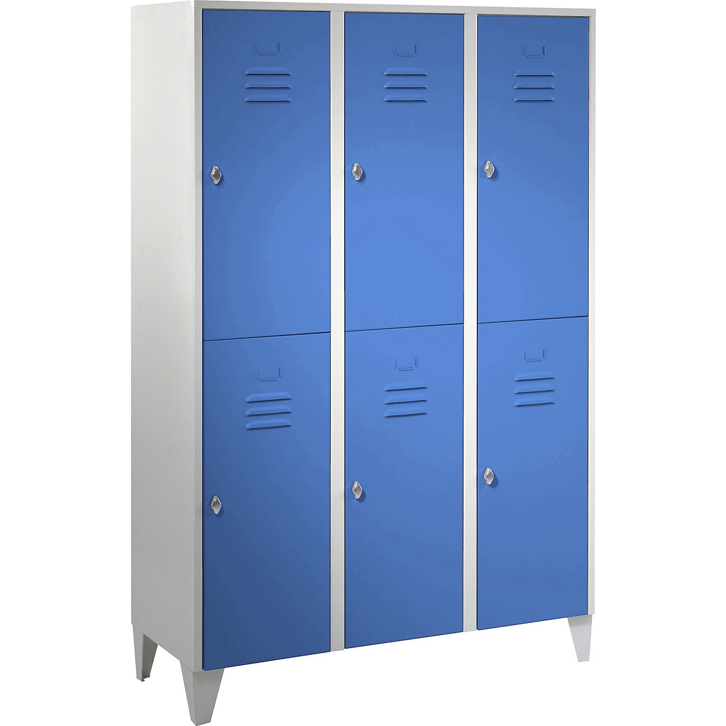 Berlin 2 double deck clothes locker, 3 compartments, light grey/light blue, width 1200 mm, flat roof shape.