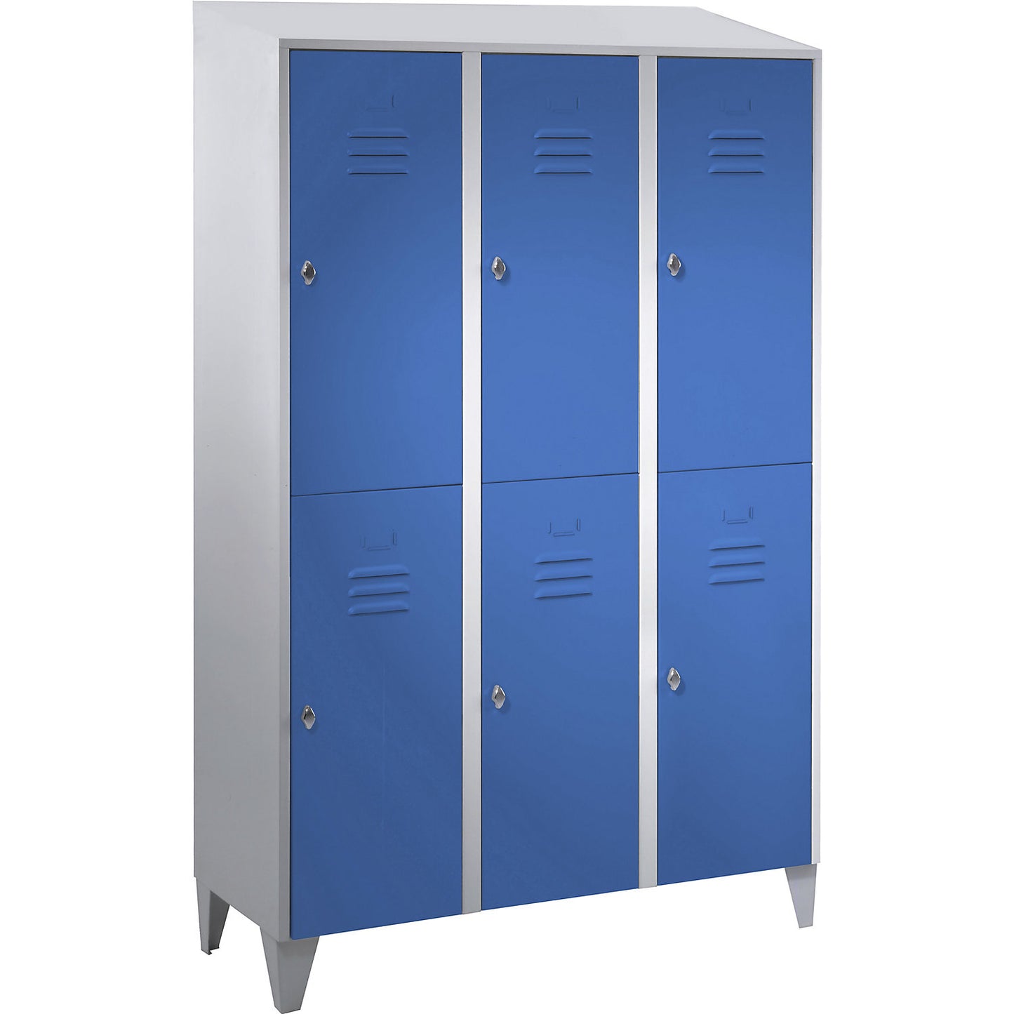 Berlin 2 double deck clothes locker, 3 compartments, light grey/light blue, width 1200 mm, sloping roof shape.