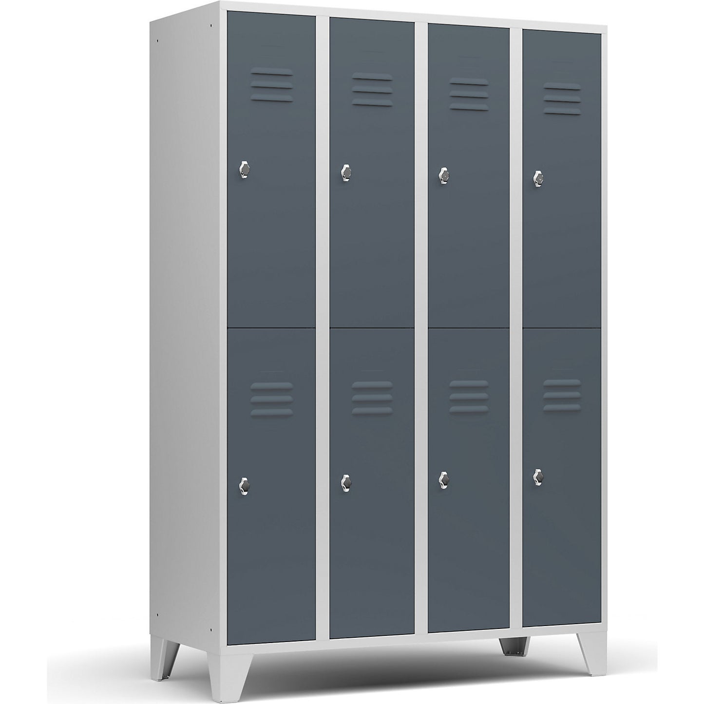 Berlin 2 double deck clothes locker, 4 compartments, light grey/blue grey, width 1200 mm, flat roof shape.