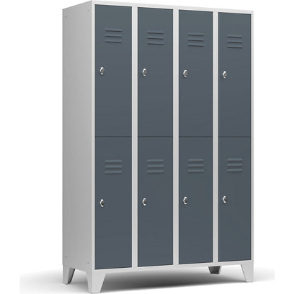 Berlin 2 double deck clothes locker, 4 compartments, light grey/blue grey, width 1200 mm, flat roof shape.