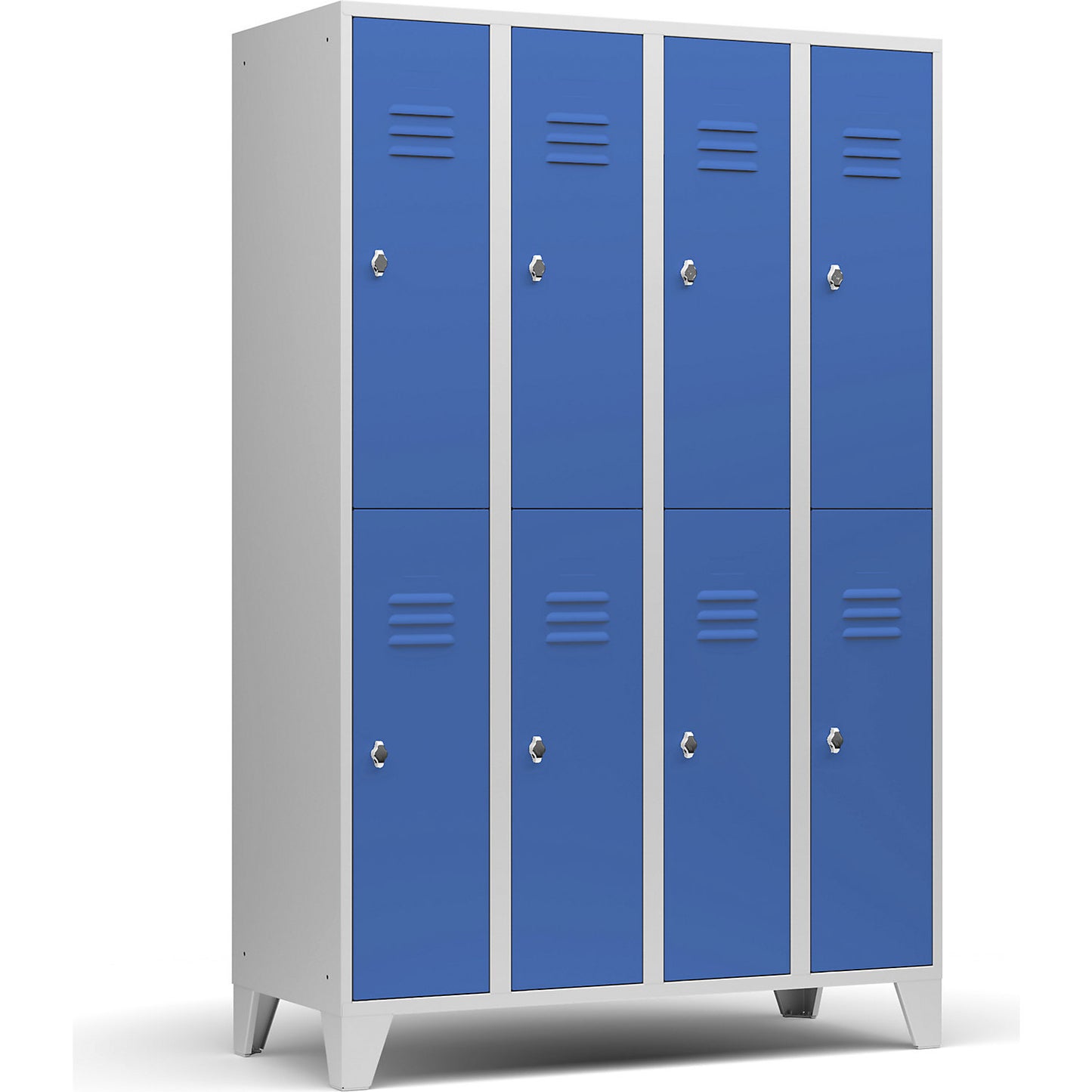 Berlin 2 double deck clothes locker, 4 compartments, light grey/light blue, width 1200 mm, flat roof shape.