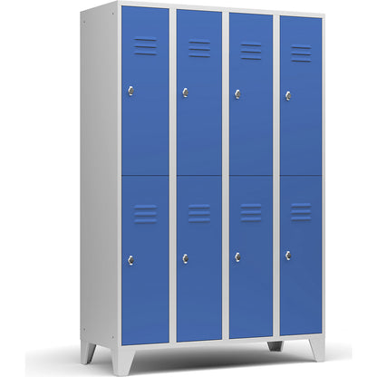 Berlin 2 double deck clothes locker, 4 compartments, light grey/light blue, width 1200 mm, flat roof shape.