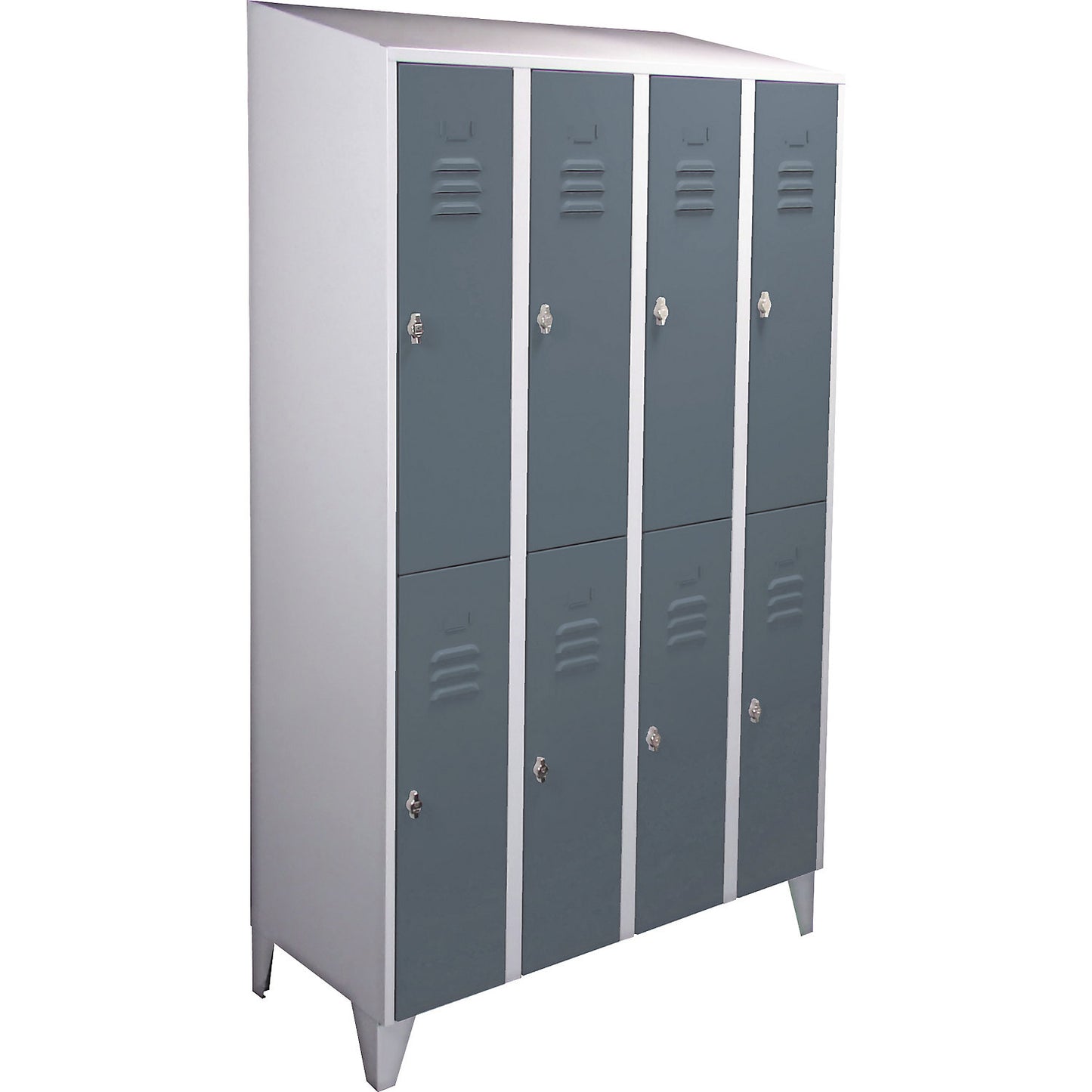 Berlin 2 double deck clothes locker, 4 compartments, light grey/blue grey, width 1200 mm, sloping roof shape.