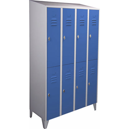 Berlin 2 double deck clothes locker, 4 compartments, light grey/light blue, width 1200 mm, sloping roof shape.