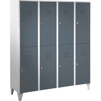 Berlin 2 double deck clothes locker, 4 compartments, light grey/blue grey, width 1600 mm, flat roof shape.