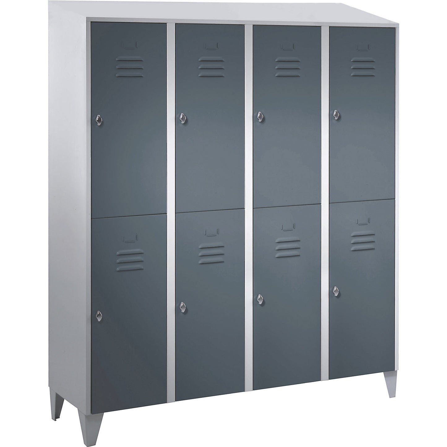 Berlin 2 double deck clothes locker, 4 compartments, light grey/blue grey, width 1600 mm, sloping roof shape.