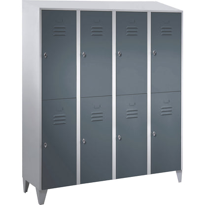 Berlin 2 double deck clothes locker, 4 compartments, light grey/blue grey, width 1600 mm, sloping roof shape.