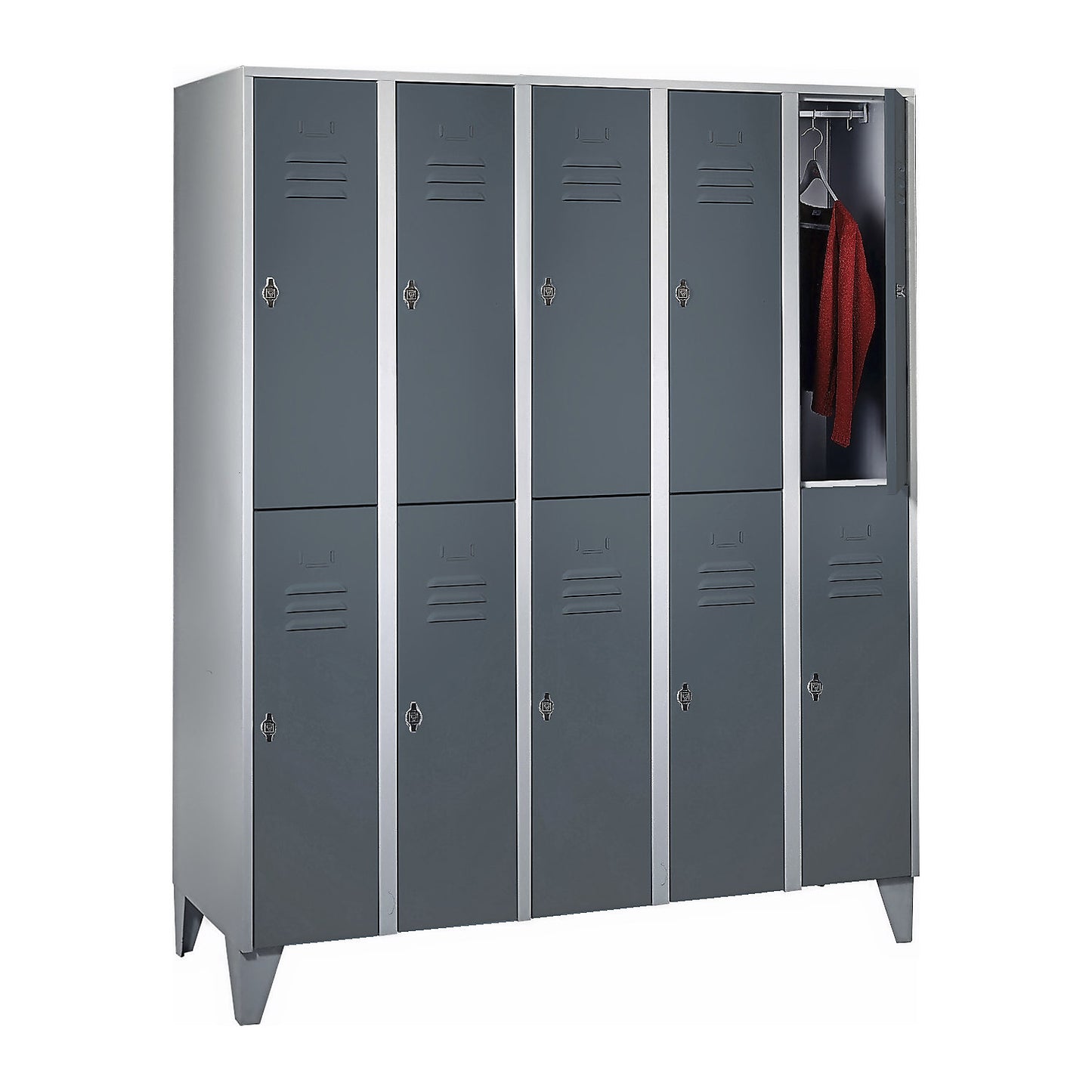 Berlin 2 double deck clothes locker, 5 compartments, light grey/blue grey, width 1500 mm, flat roof shape.