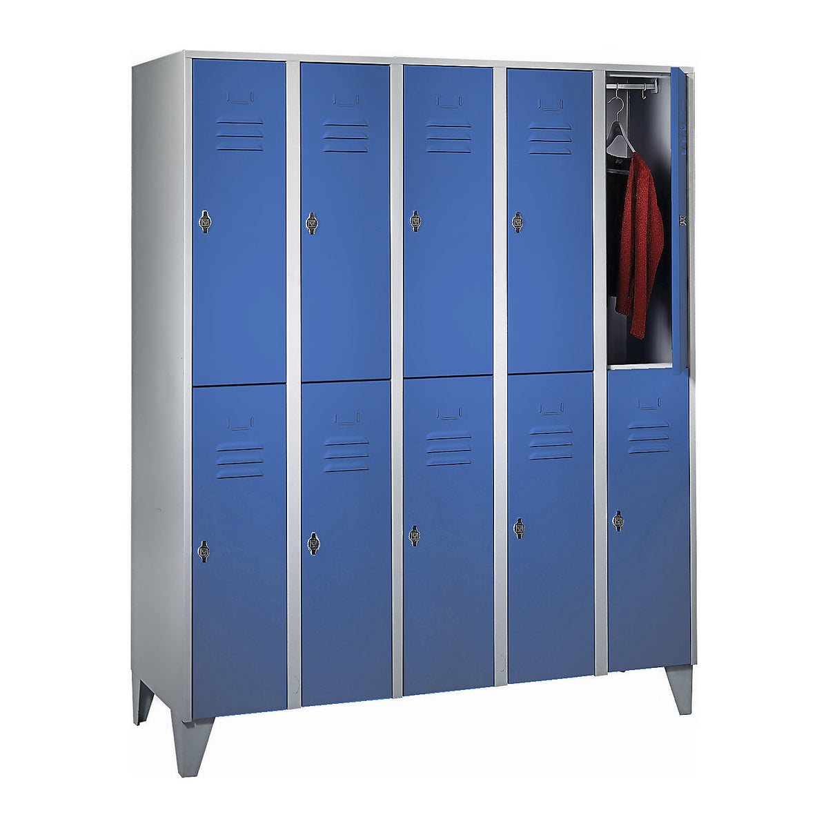 Berlin 2 double deck clothes locker, 5 compartments, light grey/light blue, width 1500 mm, flat roof shape.