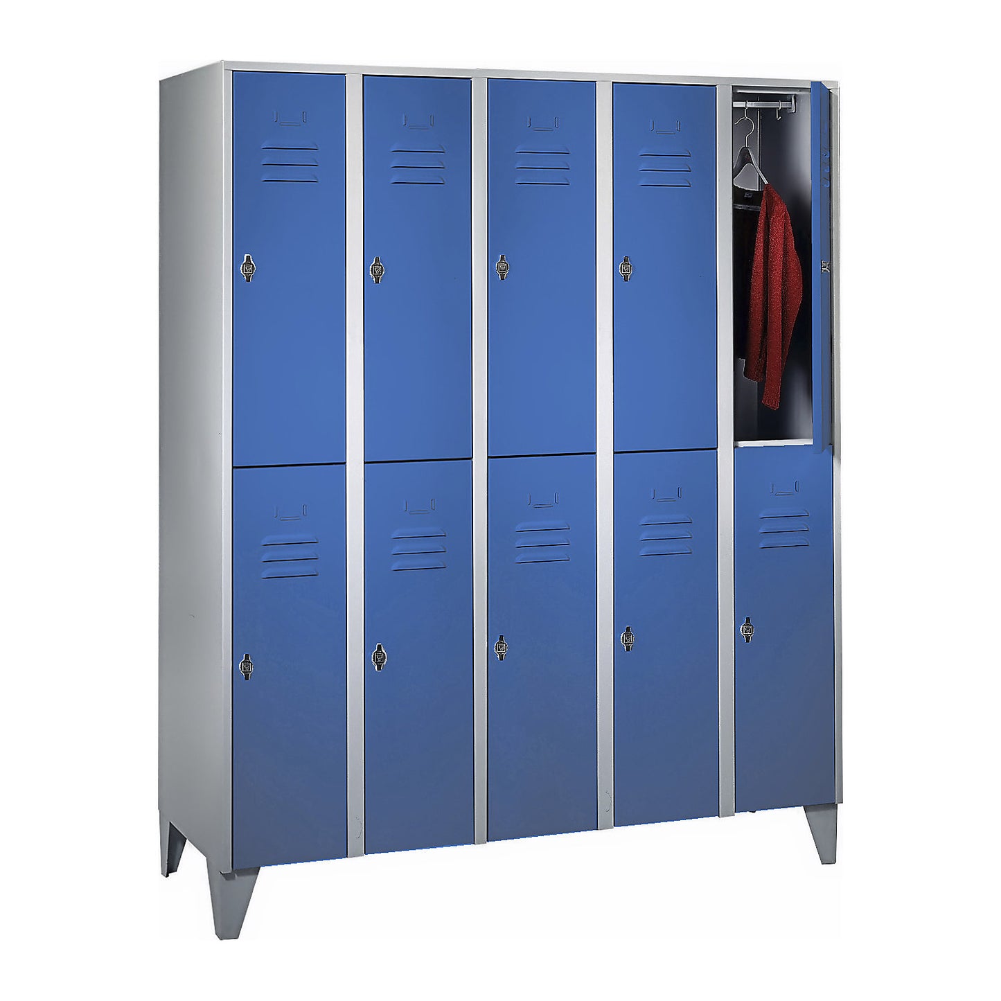 Berlin 2 double deck clothes locker, 5 compartments, light grey/light blue, width 1500 mm, flat roof shape.