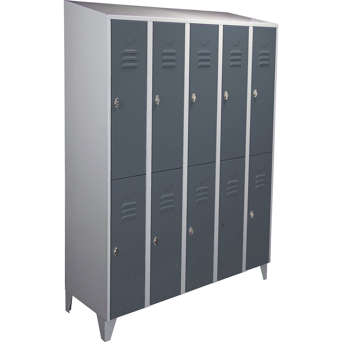 Berlin 2 double deck clothes locker, 5 compartments, light grey/blue grey, width 1500 mm, sloping roof shape.
