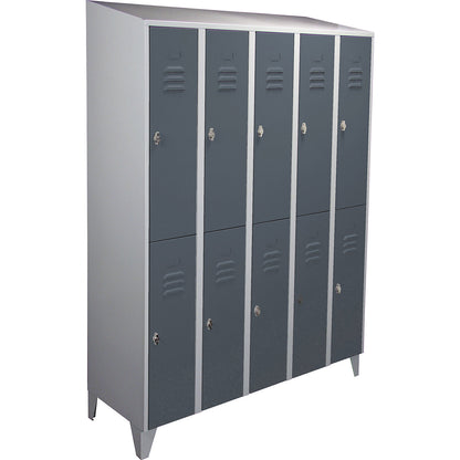 Berlin 2 double deck clothes locker, 5 compartments, light grey/blue grey, width 1500 mm, sloping roof shape.