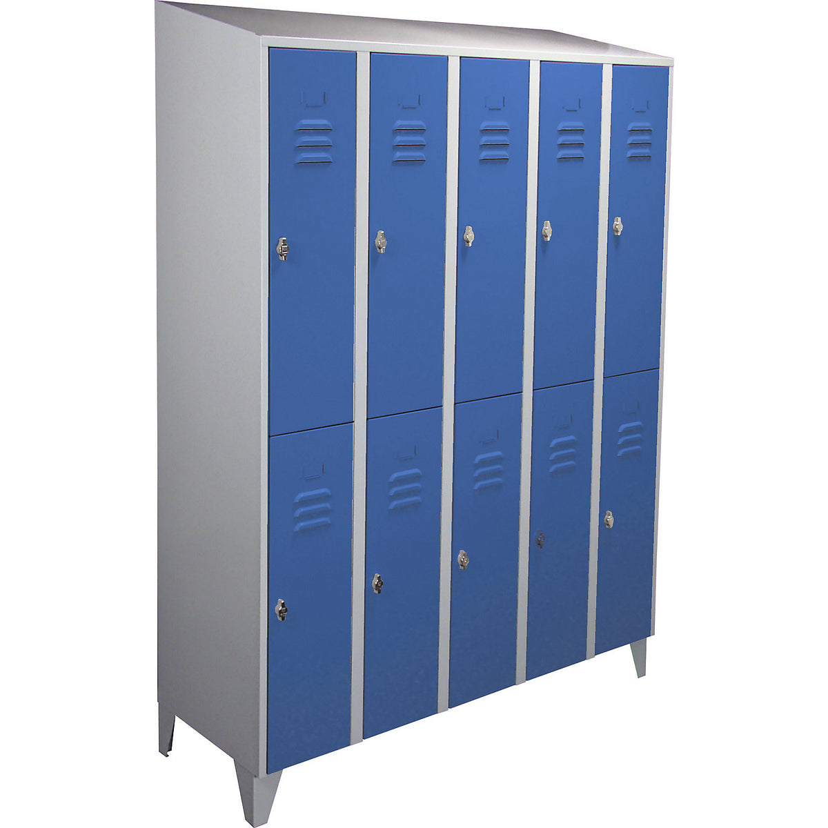 Berlin 2 double deck clothes locker, 5 compartments, light grey/light blue, width 1500 mm, sloping roof shape.