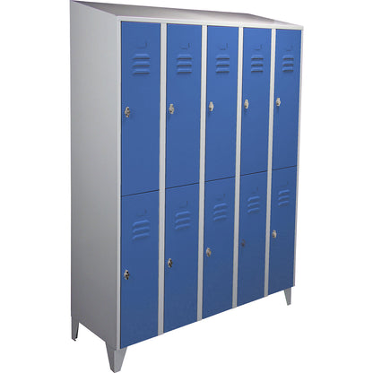 Berlin 2 double deck clothes locker, 5 compartments, light grey/light blue, width 1500 mm, sloping roof shape.