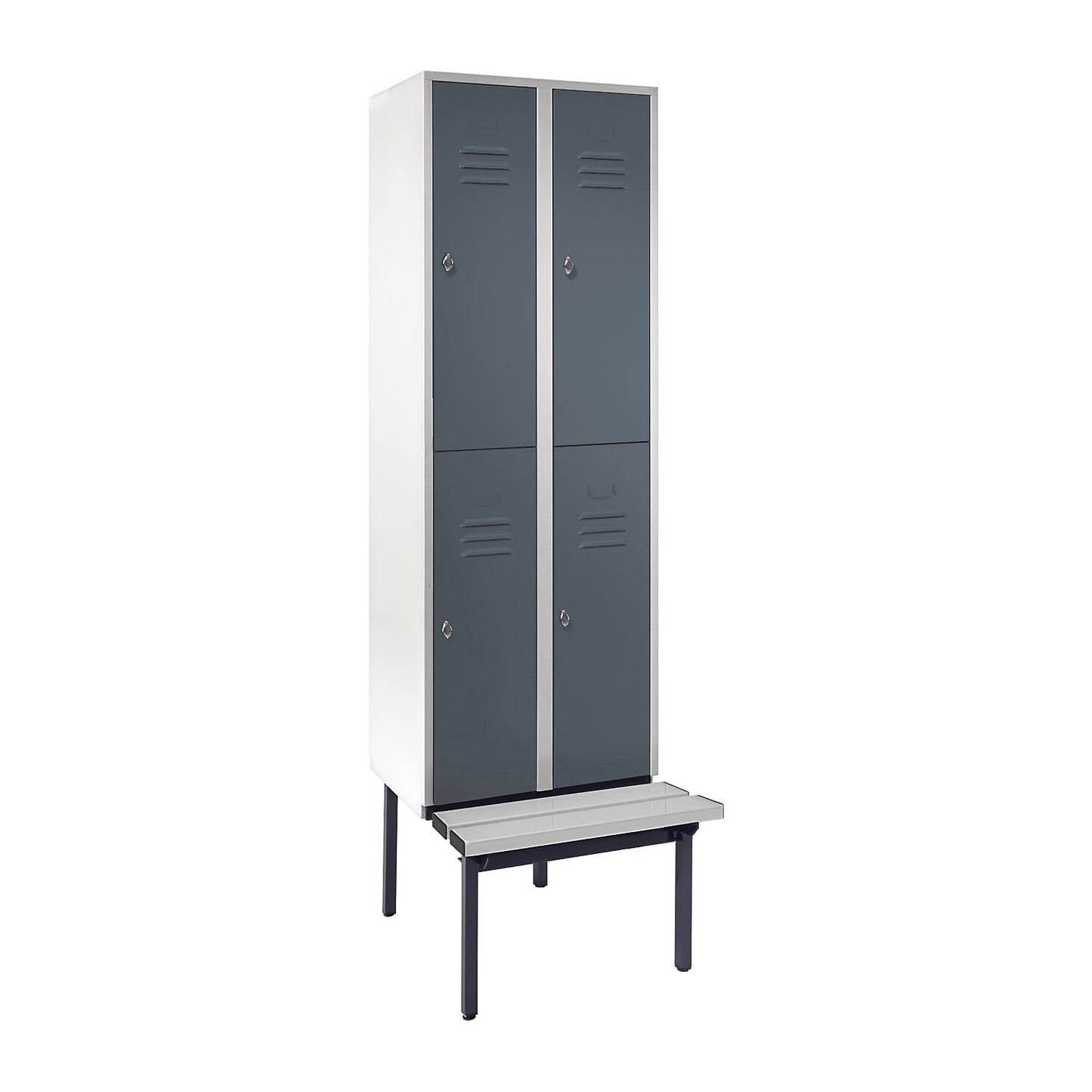 Berlin 2 double deck clothes locker with bench seat, 2 sections, light grey/blue grey, width 600 mm.