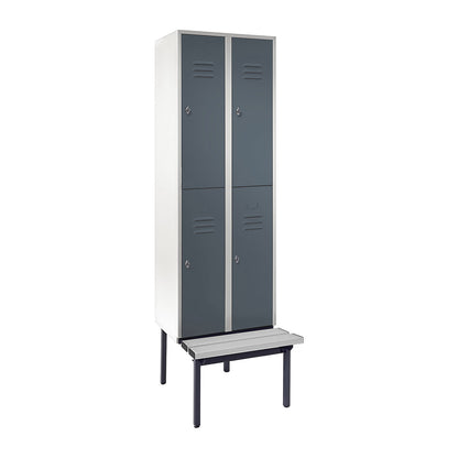 Berlin 2 double deck clothes locker with bench seat, 2 sections, light grey/blue grey, width 600 mm.