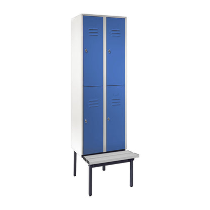 Berlin 2 double deck clothes locker with bench seat, 2 sections, light grey/light blue, width 600 mm.