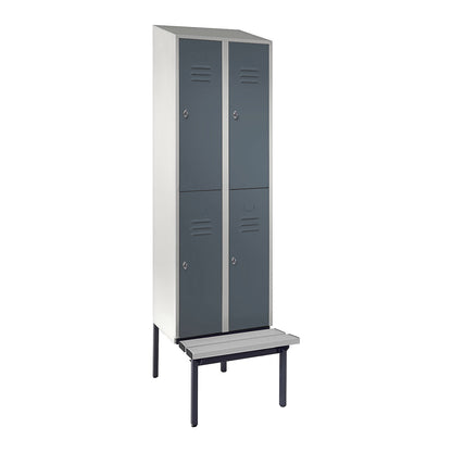 Berlin 2 double deck clothes locker with bench seat, 2 sections, light grey/blue grey, width 600 mm, sloping roof shape.