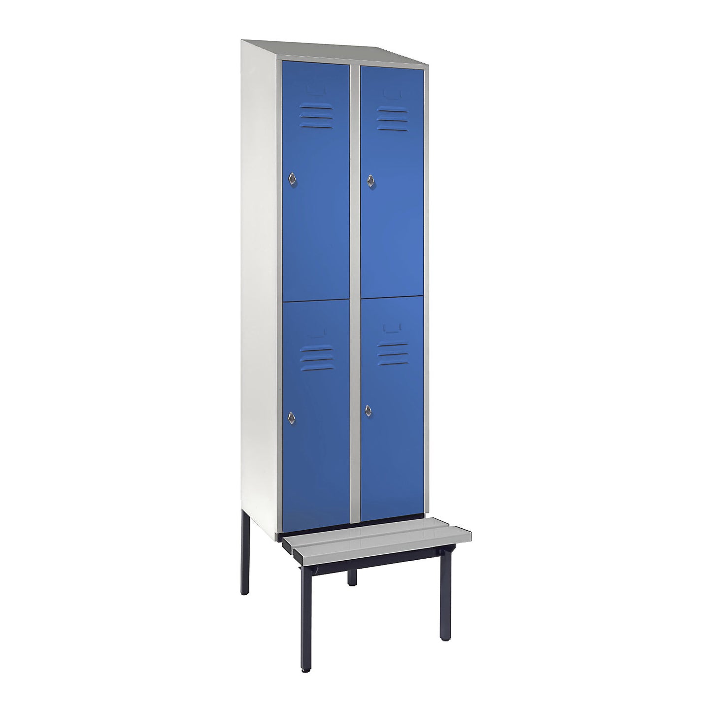 Berlin 2 double deck clothes locker with bench seat, 2 sections, light grey/light blue, width 600 mm, sloping roof shape.