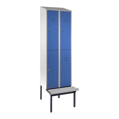 Berlin 2 double deck clothes locker with bench seat, 2 sections, light grey/light blue, width 600 mm, sloping roof shape.