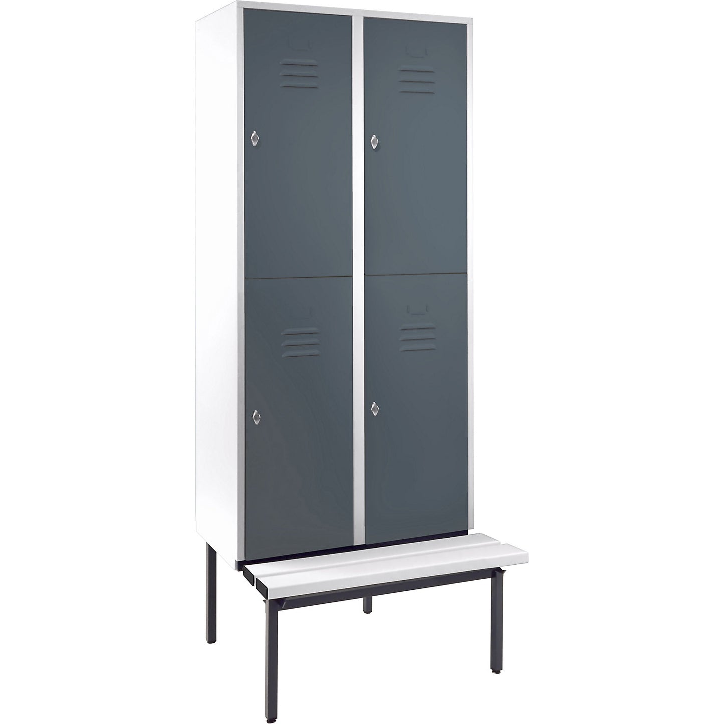 Berlin 2 double deck clothes locker with bench seat, 2 sections, light grey/blue grey, width 800 mm.